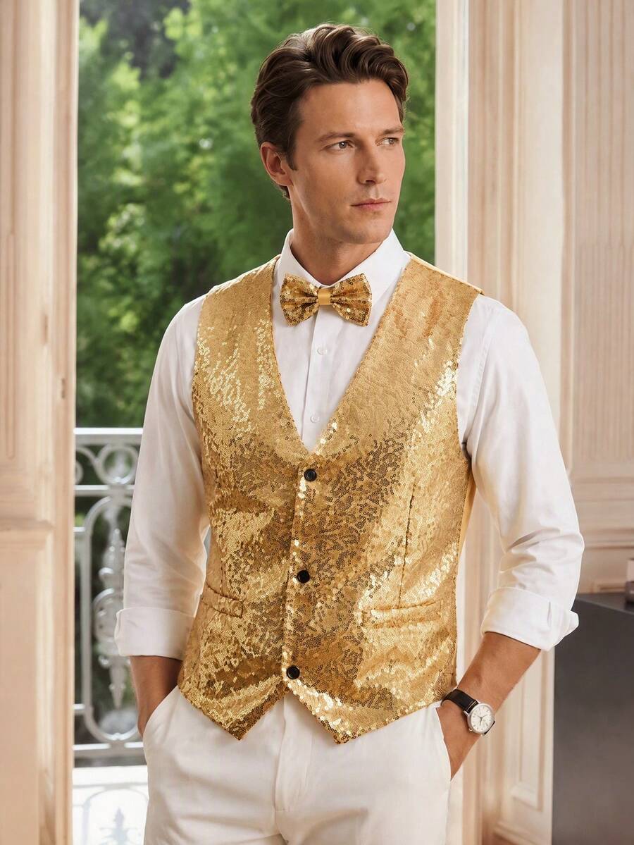 Officeau Men's Gold Sequin Waistcoat, Glamorous Tuxedo For Party/Stage/Performance, Gift For Father/Husband - Gold - View 1
