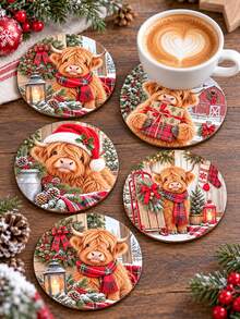 1/4/8pcs Christmas Highland Cow Coasters Set , Wooden Drink Coasters With Cute Cow Santa Design, Rustic Christmas Table Decor, Coffee Cup Mat For Home Kitchen Office, Holiday Party Decoration Gift For Family Friends - Multicolor - View 1