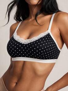 Women's Fashion Polka Dot Lace Patchwork Bra, Comfortable Wire-Free Backless Lingerie - Black - View 4
