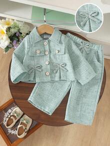 2pcs Baby Girl Elegant Fresh Turn-Down Collar Open Front Jacket & Pants Set, Autumn/Winter Casual Commute Outfit - Mint Green - View 3
