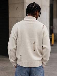 BLACKTOEXIT Men's Half-High Neck Zipper Knit Cardigan, Distressed Ripped Design, Beige Loose Fit Dropped Shoulder American Vintage Long Sleeve Sweater Jacket - Apricot - View 4