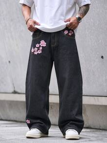 1pc Men's Jeans, Multi-Craft Embroidery Design, Simple & Versatile, Fashionable Suitable For All Seasons - Black - View 5
