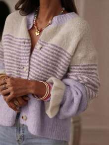 Women's Plus Size Striped Knit Button-Front Cardigan Sweater, Long Sleeve Top With Frill Trim, Elegant Casual For Vacation And Daily Wear, Spring/Autumn/Winter - Mauve Purple - View 3