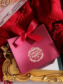 10pcs Christmas Foil Stamped Gift Boxes, Dark Green, Burgundy, Light Pink, Satin Ribbon Bow, Wreath Round Merry Christmas Foil Pattern, Suitable For Christmas, New Year, Holiday Party, Candy And Small Gift Storage - View 1