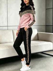 Spring Autumn Winter New Fashion Colorblock Leopard Print Lapel Long Sleeve Top And Pants 2 Pieces Set, Autumn Fashion Targetfinds Winter Clothing - Pink+Black - View 8