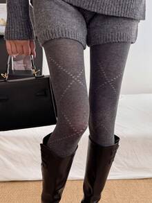 1 Pair Women 103G Fleece-Free Tights, High Waist Cross Pattern Stirrup Pantyhose, Autumn Winter Thin Breathable Textured Leggings - Dark Grey - View 5