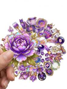 50Pcs Aesthetic Purple Galaxy Witch Decals, Glitter Celestial Crystal & Magic Potion Stickers For Scrapbook Layout, Planner Decor & DIY Stationery Craft - Multicolor - View 2