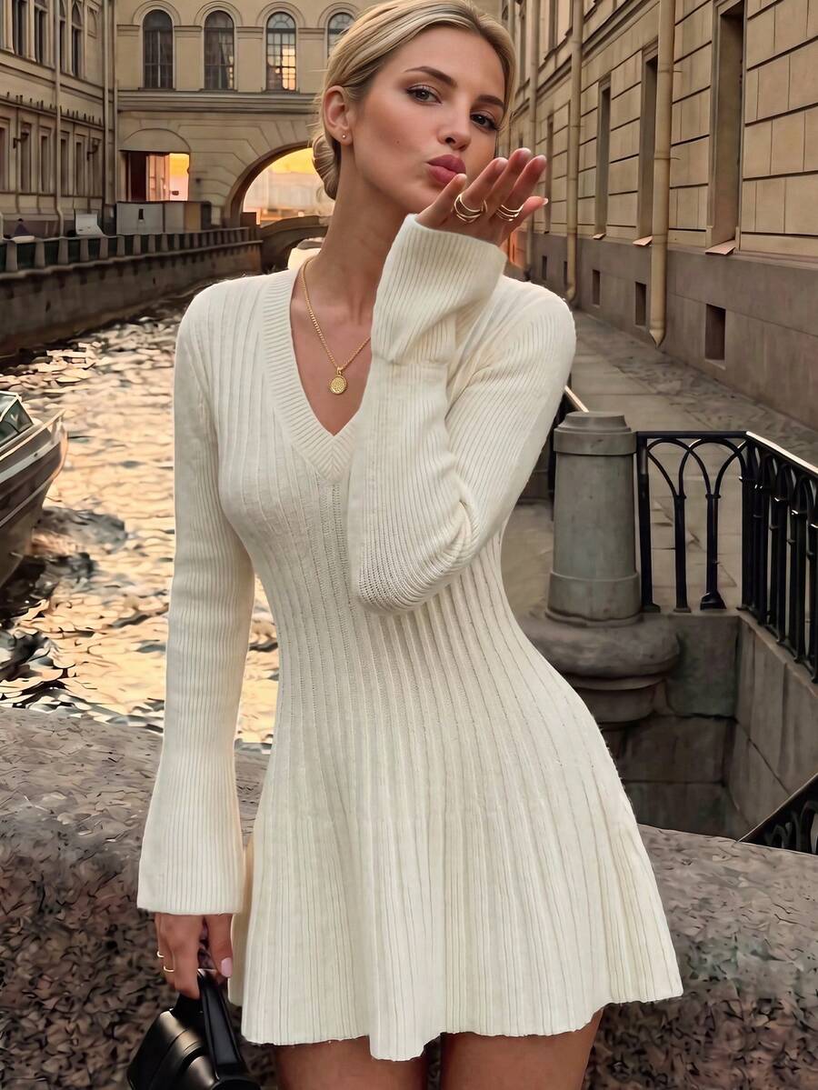 Nicenter Women's Fall-Winter Elegant Chic Rib Knit V-Neck Flare Long Sleeve Slim A-Line Mini Knit Dress Sweater Dresses Fall-Winter Clothes For Women - White - View 1