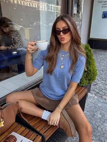 JustMiss Women's Knit Top Round Neck Short Sleeve Loose Casual Minimalist Knit T-Shirt Spring Summer - Blue - View 1
