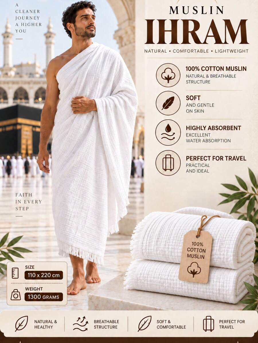 Muslim Collection 2 Pieces 100% Muslin, 1300 G, 110 * 220 Cm Adult Hajj & Umrah Ihram - White - View 1