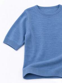 Women's Wool Blend Soft Knit Short Sleeve Top, Loose Fit, 15% Wool Content, Basic Round Neck Solid Color Half Sleeve Lightweight Knit Sweater, Quiet Luxury Minimalist Commuter Style, Suitable For Office And Business Wear - Dusty Blue - View 6