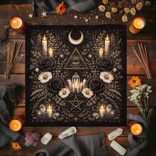 1pc Tarot Table Cloth, All Seeing Eye Crescent Moon Pentagram Black Rose Crystal Candle Altar Cloth, Witchy Divination Tarot Card Mat, Wicca Spiritual Reading Cloth For Tarot & Oracle Cards - Multicolor - View 1