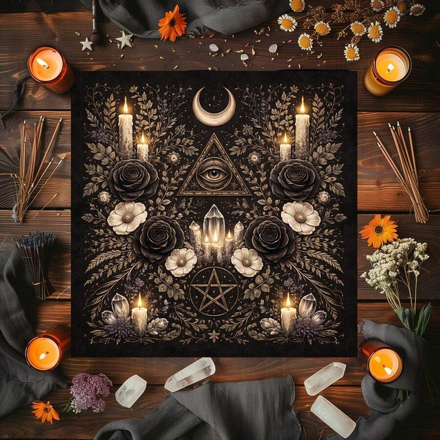 1pc Tarot Table Cloth, All Seeing Eye Crescent Moon Pentagram Black Rose Crystal Candle Altar Cloth, Witchy Divination Tarot Card Mat, Wicca Spiritual Reading Cloth For Tarot & Oracle Cards - Multicolor - View 1