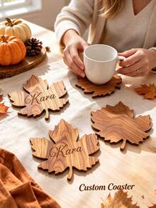 Customized Thanksgiving Maple Wood Coaster Set, Autumn Tabletop Decor, Natural Wooden Coffee Cup Coasters, Rustic Farmhouse Style Kitchen And Dining Table Decoration, Holiday Home Decor Accessories - Multicolor - View 3