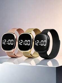 3 piezas Reloj electrónico con pantalla digital cuadrada/Reloj BFF con cierre magnético y correa de malla milanesa Reloj deportivo digital - Multicolor - Ver 11