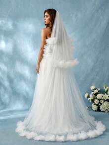1pc Double Layer White Tulle Flower Bridal Veil, Floor Length Small Train Cathedral Veil, Romantic Wedding Photoshoot Headpiece - White - View 5