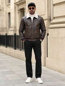 Lookun Men's Turn Collar Jacket American Vintage Motorcycle Versatile Lamb Wool Collar Flight Jacket Autumn/Winter - Bronze - View 5
