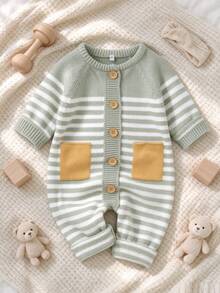 New Striped Knit Long Sleeve Jumpsuit For Infants And Toddlers - Green - View 1