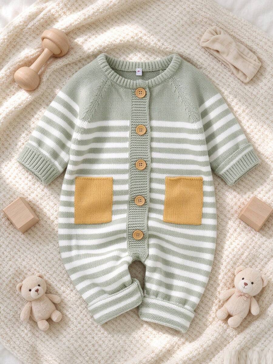 New Striped Knit Long Sleeve Jumpsuit For Infants And Toddlers - Green - View 1