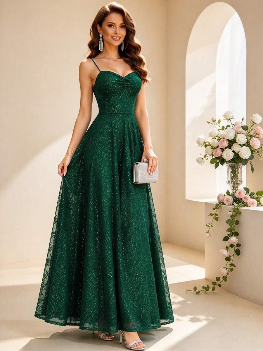 HOMEYEE Women's Sequin Long A-Line Evening Gown, Romantic And Charming Backless Tie-Back Elegant Formal Ball Dress - Dark Green - View 1
