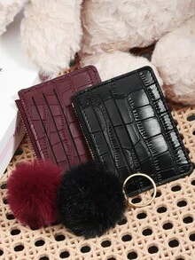Fashionable Animal Pattern Zipper Card Bag, Adorned With A Delicate Pom-Pom, Large Capacity Credit Card Bag With Keychain Suitable For Outdoor Use - Black - View 2