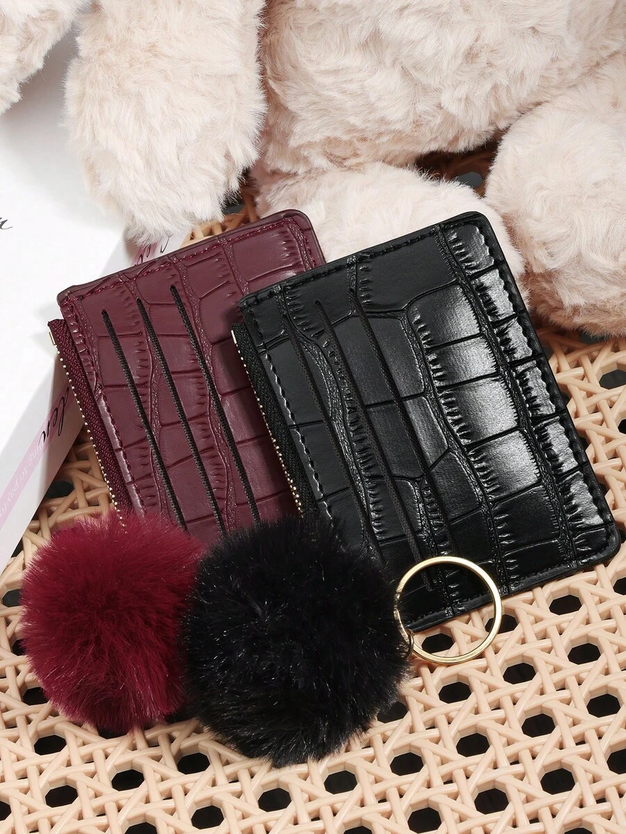 Fashionable Animal Pattern Zipper Card Bag, Adorned With A Delicate Pom-Pom, Large Capacity Credit Card Bag With Keychain Suitable For Outdoor Use