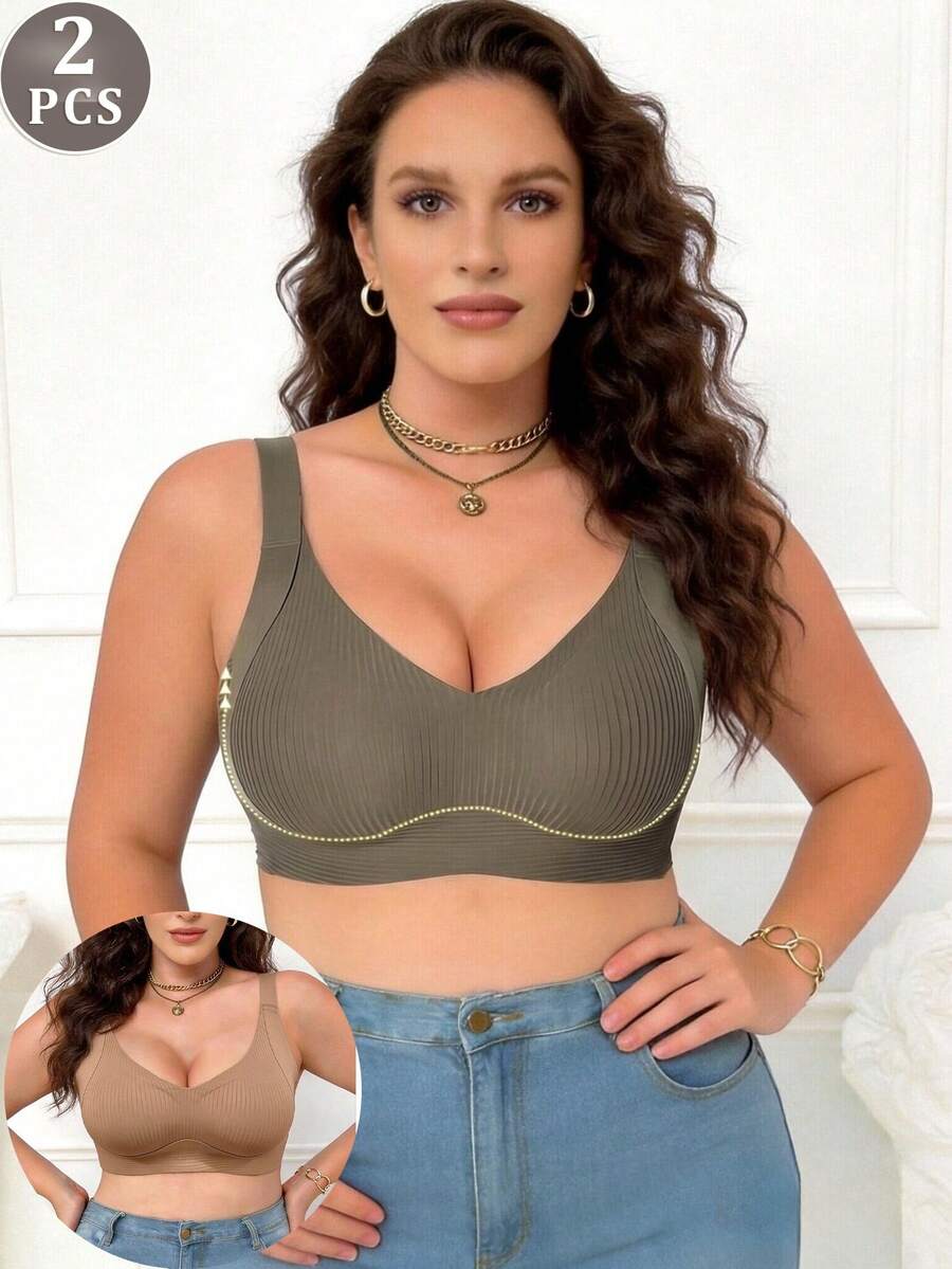 2pcs Plus Size Seamless Bra - Adjustable Straps, Wire-Free Support, Back Hook, Adjustable, Push-Up, Comfortable, Everyday Wear, Soft And Form-Fitting, Flexible And Slimming - Multicolor - View 1