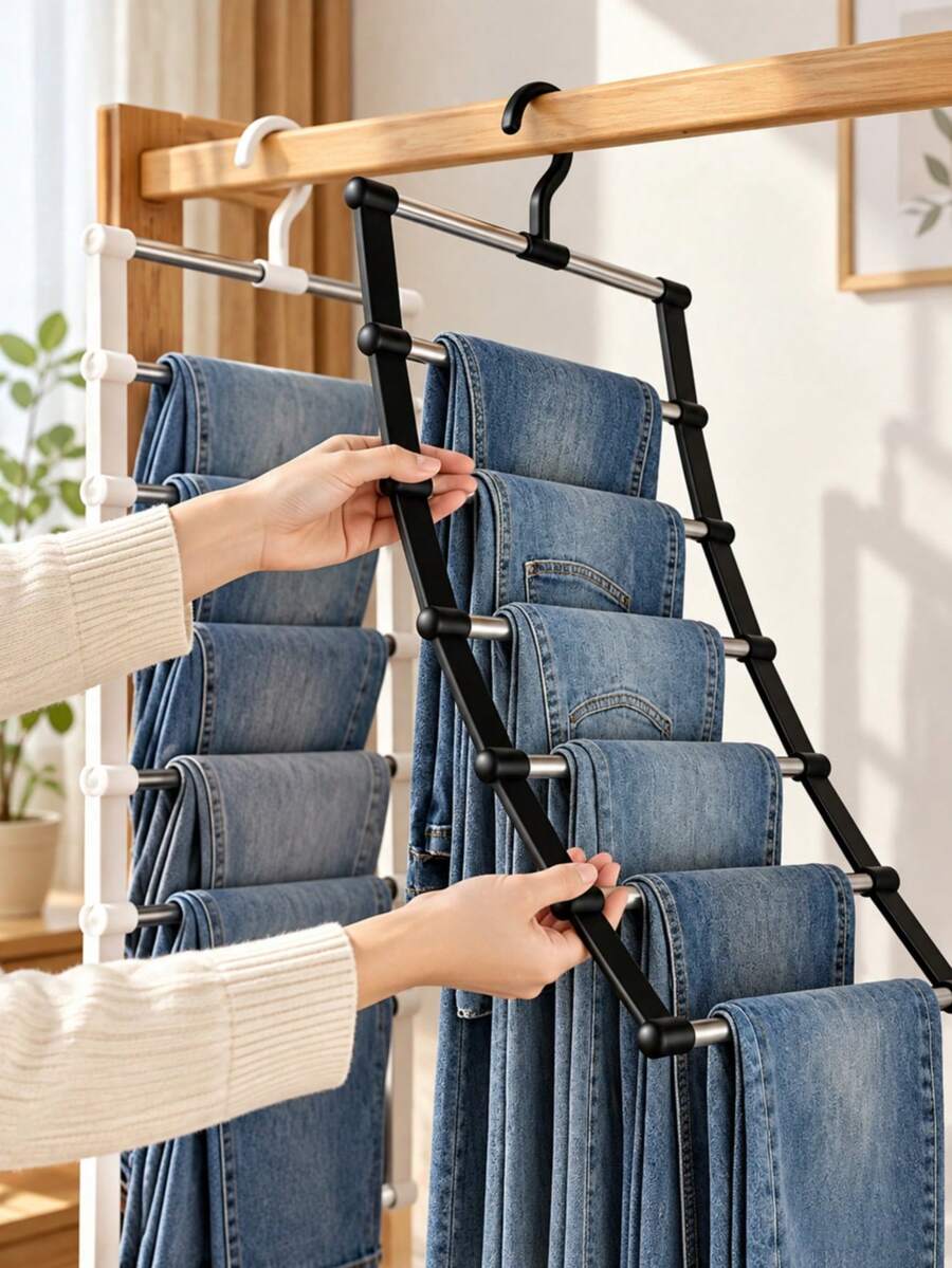 Multi-Layer Foldable Tiered Pants Rack, Space-Saving Non-Slip Multi-Rod Clothing Storage Organizer, Wrinkle-Free Closet Pants Hanger, Suitable For Jeans, Leggings, Trousers, Scarves And Various Home Garments, Storage, Bathroom Accessories
