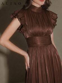 ALIAO Spring/Summer Semi-High Neck Ruffle Pleated Soft Draping, Romantic Gentle Elegant Style, Wedding Season Date Daily Commute, Women's Mid-Length Dress, Ruffle Dress, Elegant Daily Dress, Wedding Guest Dress - Brown - View 4