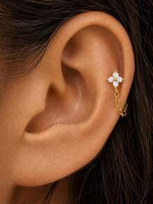 1pc 925 Sterling Silver Clover Tassel Zirconia Nose Stud, Hypoallergenic Cartilage Piercing Jewelry, Unisex Nose Ring, Suitable For Daily Wear And Gift Giving - Gold - View 3