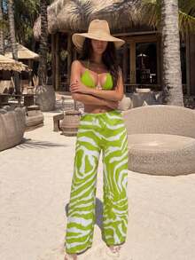 HOTTIE HABIT Women's 3-Piece Halter Triangle Bikini Set, Solid Lime Green Bikini Paired With Lime Green And White Zebra Print Loose Wide Leg Beach Pants, Suitable For Beach, Pool, Vacation - Green - View 2