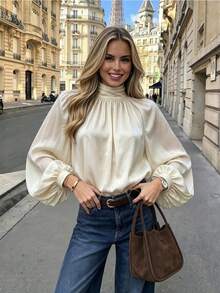 Solid Color Half-High Neck Ruched Loose Lantern Sleeve Blouse, French Vintage Elegant, Spring/Autumn, Daily Wear, Commute, Slimming, Draping, Elegant Top - Apricot - View 5