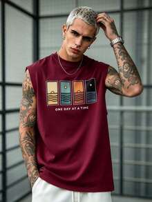 Simple Studio | Men's Summer Minimalist Vintage Graphic Print Round Neck Tank Top | Comfortable & Breathable | Style - Burgundy - View 3