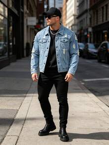 Men's Loose Light Blue Denim Jacket, Distressed Ripped Regular Fit, Button Front Closure, Flap Pockets, Vintage Rock Style Casual Streetwear - Baby Blue - View 3