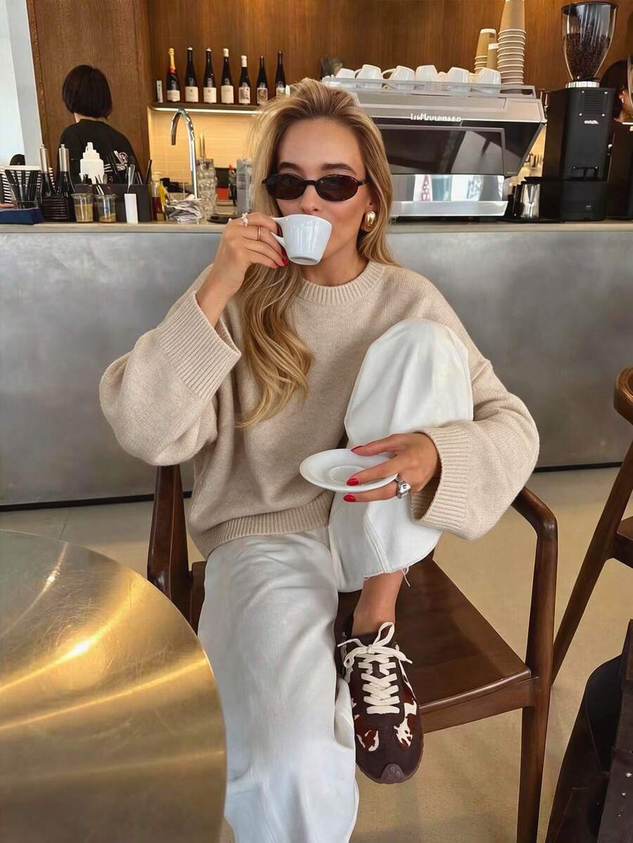 Women's New Autumn/Winter Solid Color Round Neck Drop Shoulder Long Sleeve Knit Sweater, Suitable For Daily Wear And Commuting, Casual Style - Fog Gray - View 1