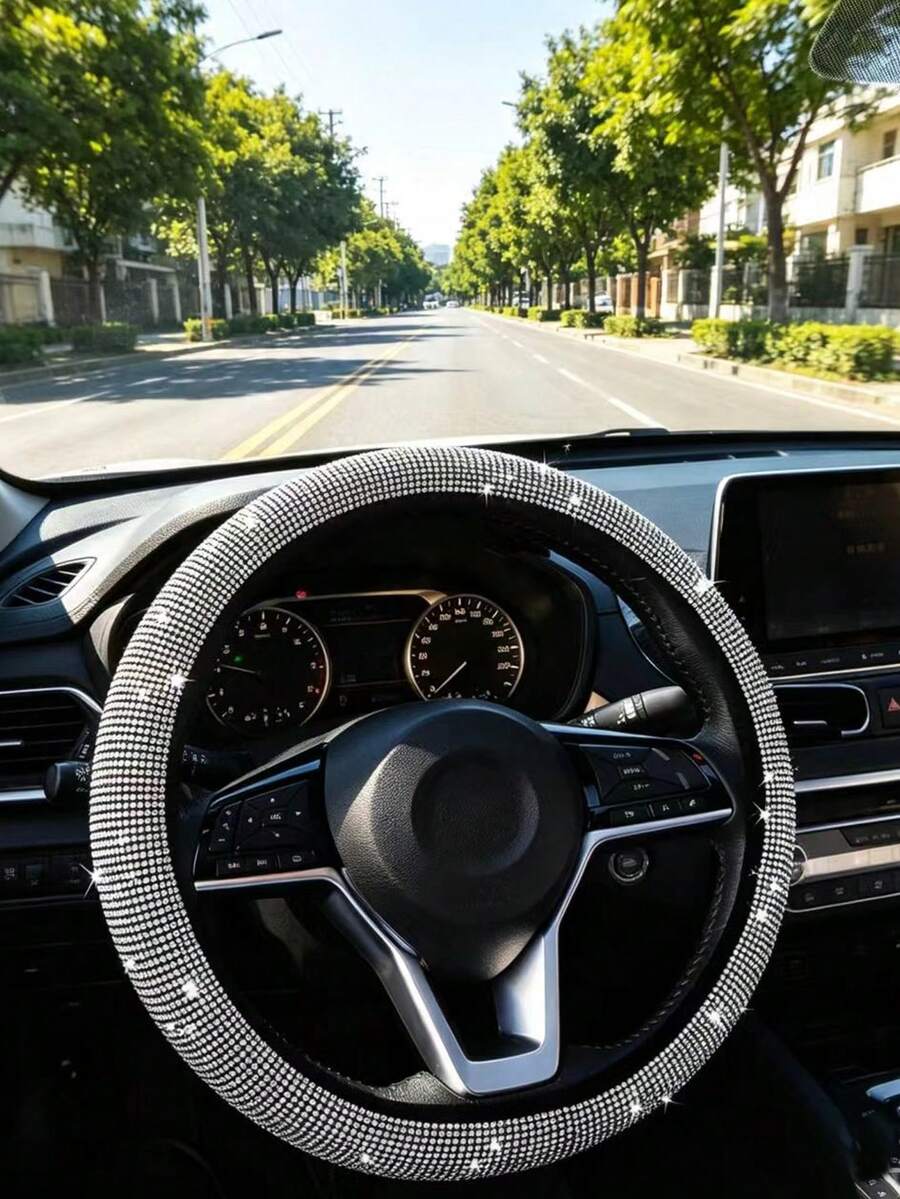 1pc Shiny Rhinestone Crystal Diamond Steering Wheel Cover, Breathable Non-Slip Car Steering Wheel Protector (Fits 14.2"-15.3" Inches) - Multicolor - View 1