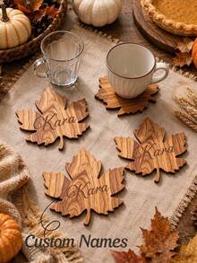 Customized Thanksgiving Maple Wood Coaster Set, Autumn Tabletop Decor, Natural Wooden Coffee Cup Coasters, Rustic Farmhouse Style Kitchen And Dining Table Decoration, Holiday Home Decor Accessories - Multicolor - View 5