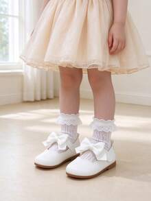 女童幼兒大蝴蝶結公主走路鞋，魔鬼氈設計，柔軟舒適平底，嬰兒周歲生日派對洋裝鞋，百搭瑪麗珍鞋 - 白色 - 查看 6