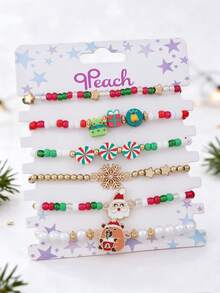 6Pcs Kids Christmas Beaded Bracelets Set Cute Cartoon Elk Capybara Snowflake Candy Gift Charm Bracelet Christmas Party Favors Jewelry For Girls - Multicolor - View 13