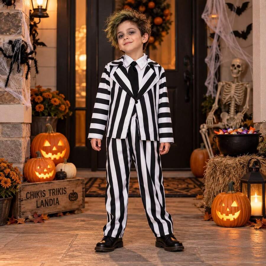 Disfraz Niño Traje Rayas Blanco y Negro Halloween Elegante Fiesta Temática - Blanco y Negro - Ver 1