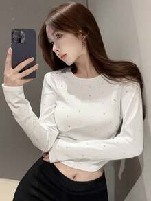 Women's Solid Color Rhinestone Embellished Round Neck Long Sleeve Fitted Short Casual Top White - White - View 1
