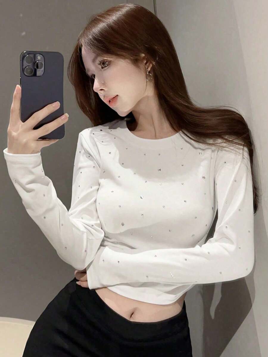 Women's Solid Color Rhinestone Embellished Round Neck Long Sleeve Fitted Short Casual Top White - White - View 1
