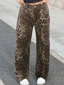 Y2K Street Retro Leopard Print High Waist Slanted Pocket Wide Leg Denim Jeans Classic Denim Long Pants - Brown - View 5