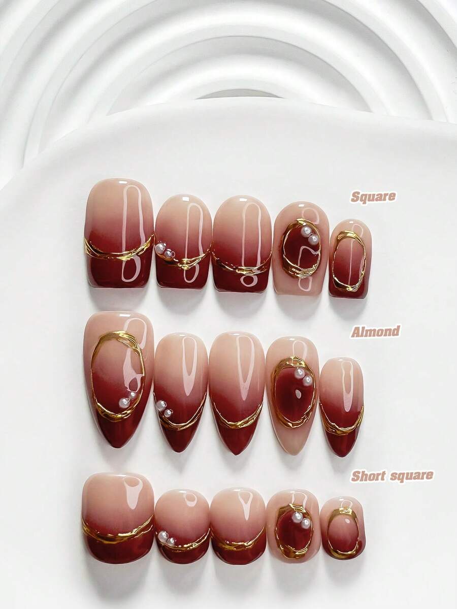 秋季 10 片裝紅棕色漸層手工穿戴甲 Polygel 凝膠美甲套組,珍珠款紅色指甲油,極簡法式風,3 種尺寸可選,方型、短方型、杏仁型,適合派對、舞蹈、日常配戴(手工細節可能有所不同) - 彩色 - 查看 1