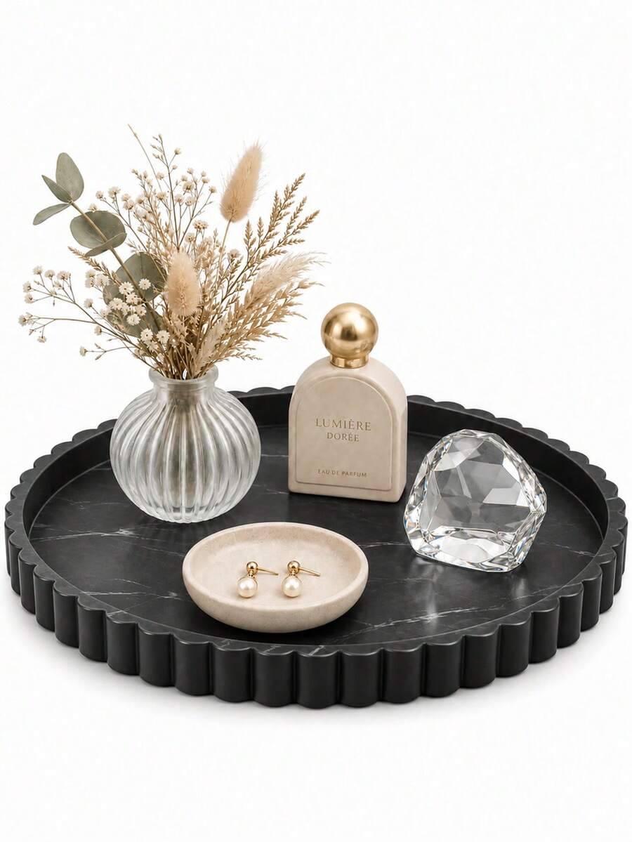Round Bathroom Counter Tray, Black Marble Look Silicone Organizer For Toiletries And Skincare