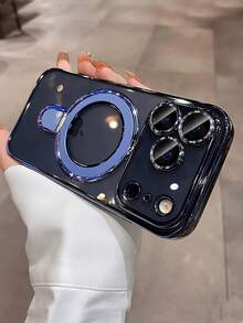 Luxury Electroplated Magnetic Stand Phone Case Compatible With IPhone 17 16 15 14 13 Pro Max 17Pro Magsafe Stand Base Transparent Protective Shell - Blue - View 2