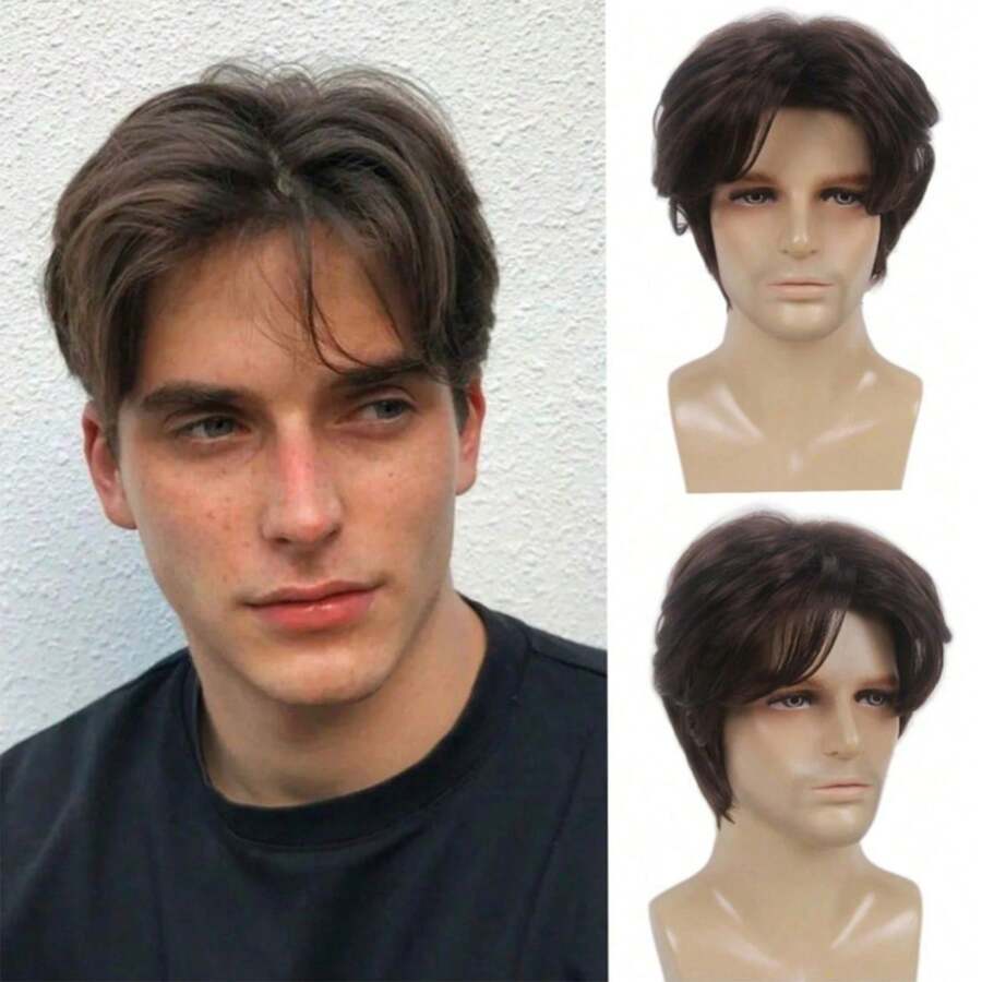 1pc Men's 6 Inch Brown Short Layered Wig – Heat Resistant High Temp Fiber Synthetic Hair, Natural Fluffy Look For Everyday Wear & Cosplay