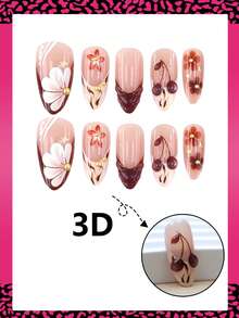 10片裝 3D 中號杏仁形穿戴甲，秋季櫻花花卉印花法式邊緣，金色鋼珠裝飾，花朵檸檬水鑽時尚設計，全覆蓋假指甲，適合女性與女孩日常配戴 - 棕色 - 查看 3
