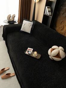 1pc Luxury Beige/Caramel Brown/Black Glitter Chenille Sofa Cover With Tassel Fringe, Shimmer Neutral Tone Couch Throw Blanket, All-Season Pet-Friendly Machine Washable Furniture Protector For Living Room Home Decor - Black - View 7