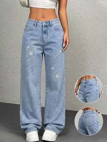 Women Wide Leg Jeans Rhinestone Geometric Sparkle Blue Straight Leg Denim Casual Business Professional Y2K Elegant Vacation ,Fall Winter - Blue - View 1